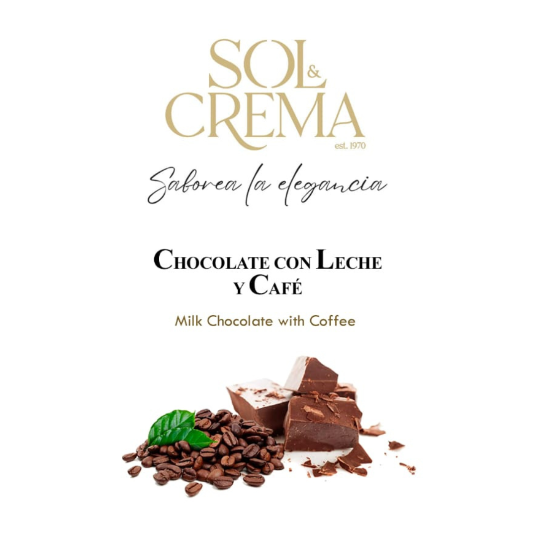Tableta de chocolate con leche y café artesanal Sol&Crema, con granos de café y hojas verdes